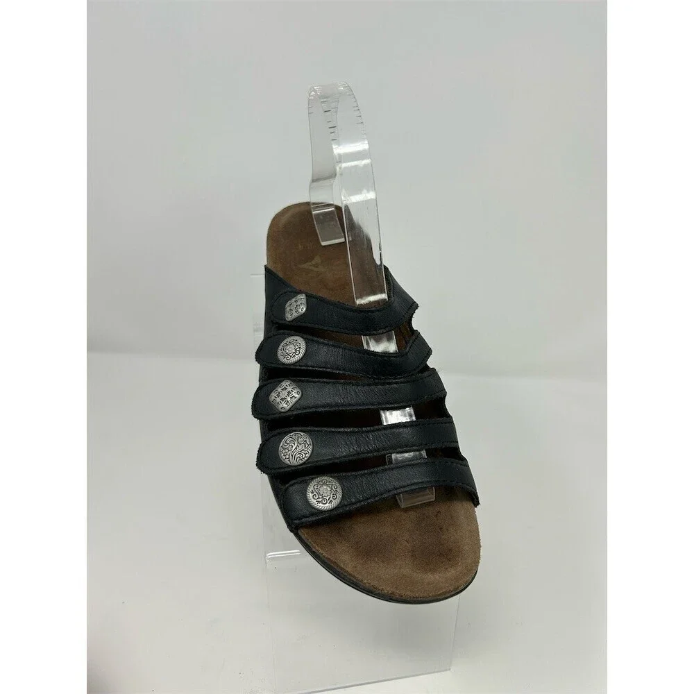 Dansko Black Leather Strappy Silver Medallions Slide Sandals Comfort Cork 41
